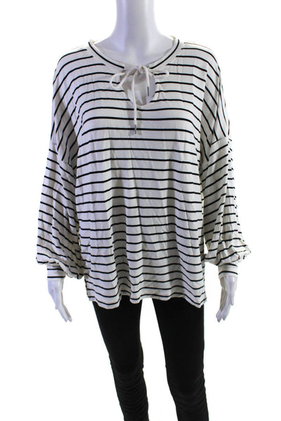 Cabi Womens White Striped Tie Neck Long Sleeve Knit Blouse Top Size M