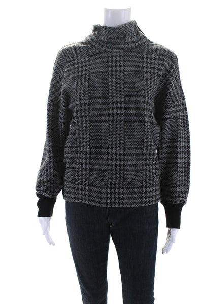 Theory Womens Boucle Plaid Turtleneck 3/4 Sleeve Sweater Top Black Gray Medium