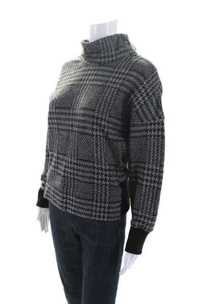 Theory Womens Boucle Plaid Turtleneck 3/4 Sleeve Sweater Top Black Gray Medium