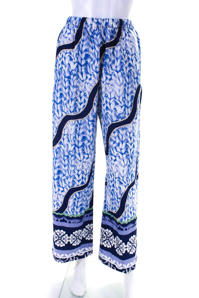 Gracia Womens Abstract Print Elastic Waist High-Rise Wide Leg Pants Blue Size S
