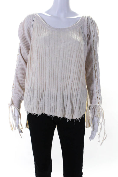 New Romantics Womens Cable Waffle Knit Colorblock Lace Up Sweater Beige Size L