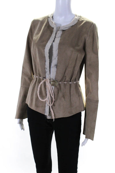 Rozae Nichols Womens Leather Woven Belt One Button Jacket Brown Beige Size S