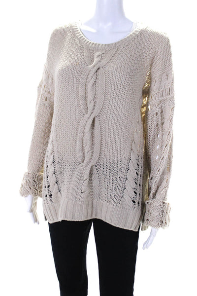 Vince Womens Open Cable Knit Scoop Neck Long Sleeved Sweater Beige Tan Size M