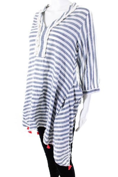 Roller Rabbit Women's V-Neck Short Sleeves Tassel Tunic Blouse Stripe Size S
