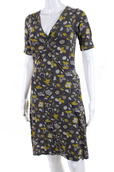 Boden Womens Floral Print V-Neck Short Sleeve Knee Length Dress Gray Size 4R