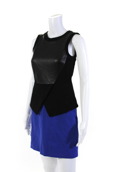 Tibi Womens Back Zip Sleeveless Leather Trim Sheath Dress Blue Black Size 2