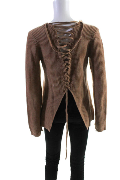 ALC Womens Wool Ribbed Knit Lace Up Back Crew Neck Sweater Top Brown Size XS