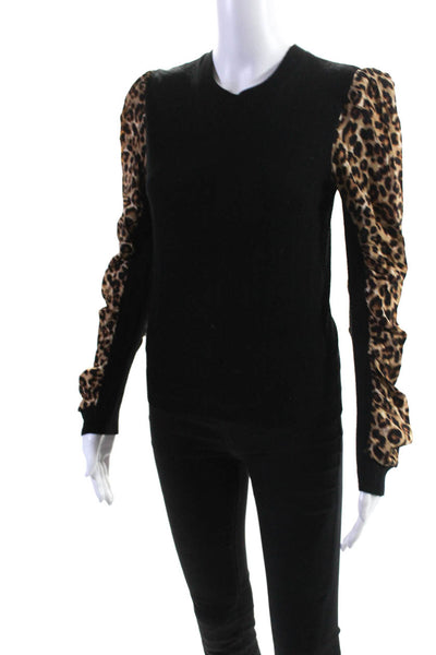 Veronica Beard Womens Knit Crepe Leopard Print Long Sleeve Blouse Black Size S