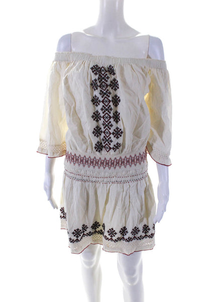 Tularosa Womens Cotton Cross Stich Off The Shoulder A-Line Dress Beige Size M
