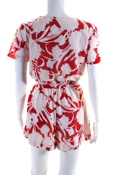 Club Monaco Womens Crepe Floral Printed V-Neck Belted Mini Romper Red Size 2