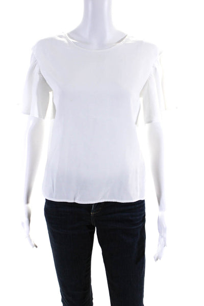 Club Monaco Womens Woven Flutter Sleeve Crew Neck Zip Up Blouse Top White Size S