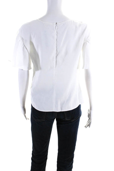 Club Monaco Womens Woven Flutter Sleeve Crew Neck Zip Up Blouse Top White Size S