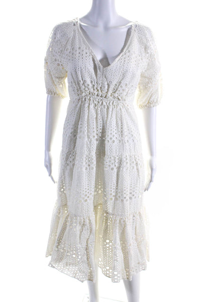 Figue Women's V-Neck Short Sleeves Eyelet Tiered Maxi Dress Ivory Size M