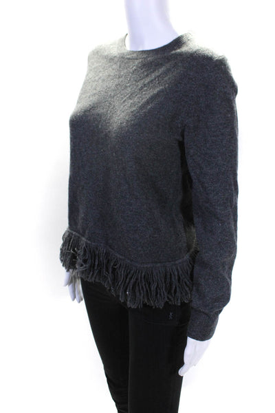 Jenni Kayne Womens Crew Neck Fringe Hem Sweater Gray Wool Size Small