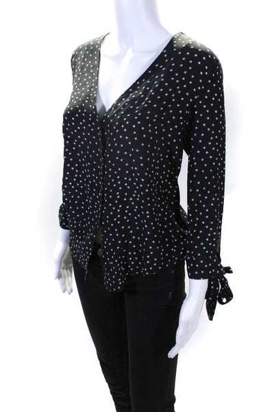 Madewell Womens Long Sleeve Star Print V Neck Button Up Top Blouse Black XXS