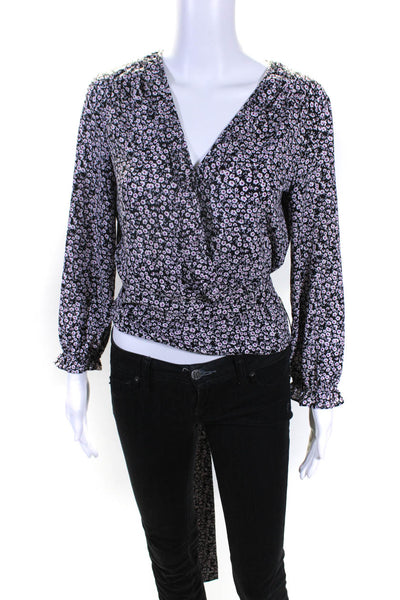 1 State Womens Long Sleeve Floral Wrap Top Blouse Black Purple Size Extra Small