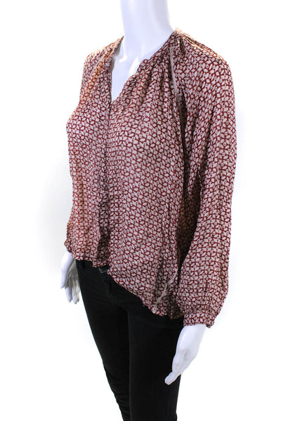 Charlie Joe Womens Long Sleeve Y Neck Chiffon Top Blouse Red Ivory Size XS