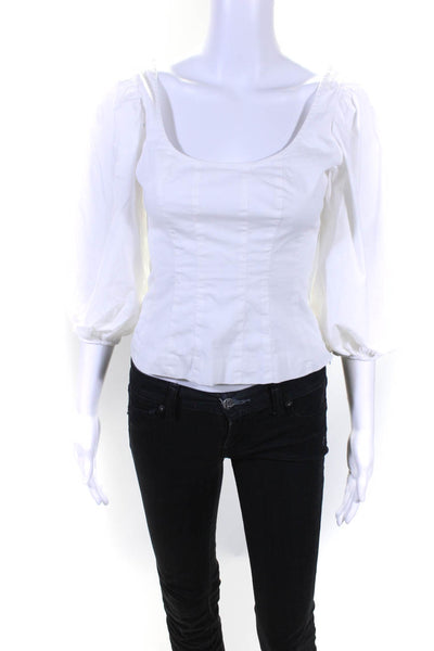 Staud Womens Scoop Neck 3/4 Puff Sleeve Crop Top Blouse White Size 0
