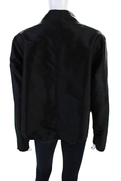 Designer Womens Reversible Silk Dupioni Waterfall Jacket Black Turquoise Large