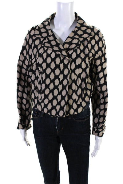 DKNY Womens Unlined Spotted Collared Snap Jacket Beige Black Cotton Silk Size 6