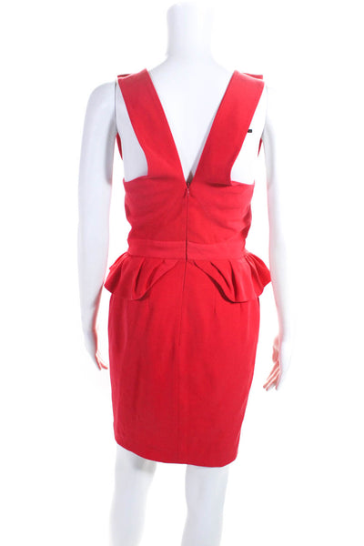 Maje Womens Bright Red V-Neck Sleeveless Zip Back Midi Peplum Dress Size 1