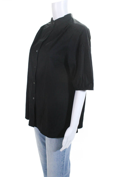 Theory Women's Round Neck Short Sleeves Button Down Blouse Black Size L
