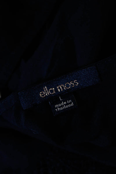 Ella Moss Womens Embroidered Hem Long Sleeve Keyhole Boat Neck Top Black Size L