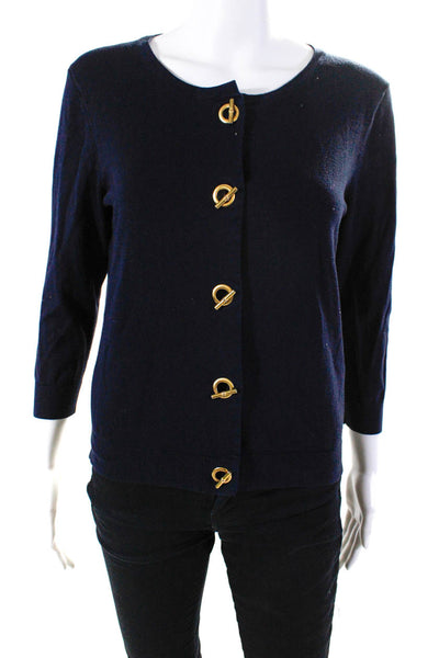 Ellen Tracy Womens Crew Neck Toggle Cardigan Sweater Navy Blue Size Medium