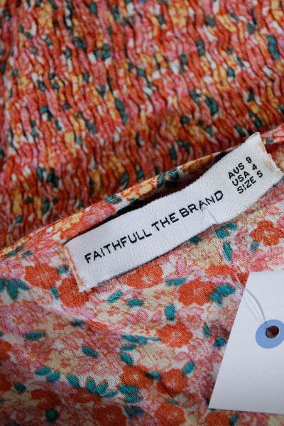 Faithfull The Brand Womens Smocked Floral Puff Sleeve V Neck Sheath Dress Pink 4