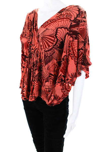 Free People Womens Abstract Print V-Neck Short Sleeve Blouse Top Red Size S