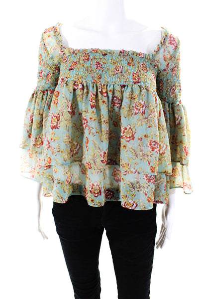Free People Womens Ruched Floral Print Long Sleeve Blouse Top Green Size XS