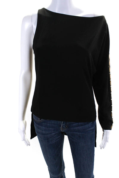 Halston Heritage Womens One Shoulder Embroidered Long Sleeve Blouse Black Size 2