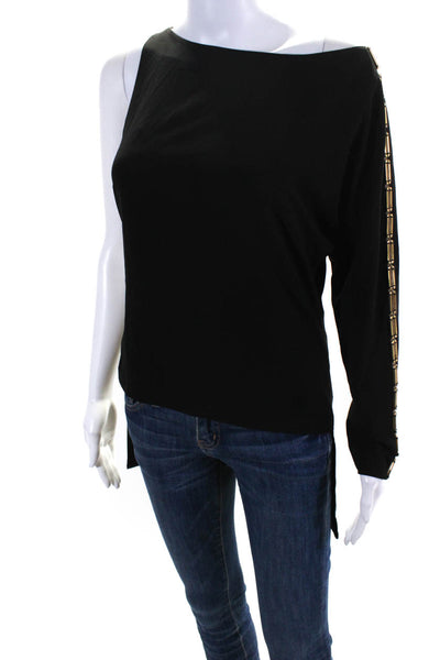Halston Heritage Womens One Shoulder Embroidered Long Sleeve Blouse Black Size 2