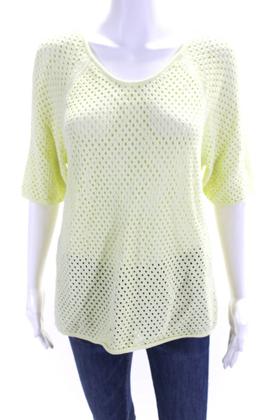 Milly Womens Open Knit Round Neck Short Sleeve Shirt Top Neon Yellow Size L