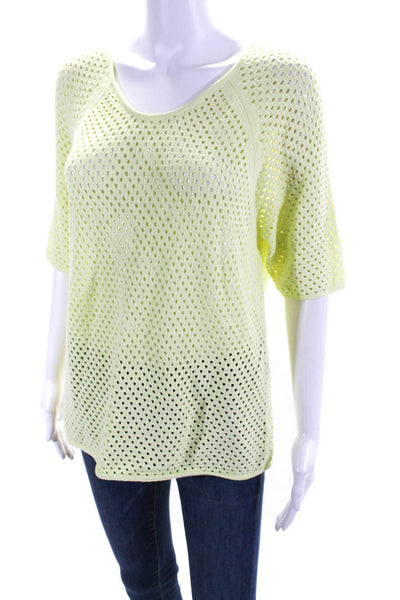 Milly Womens Open Knit Round Neck Short Sleeve Shirt Top Neon Yellow Size L