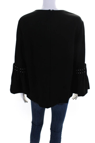 Lela Rose Womens Wool Faux Pearl Pleated Round Neck Blouse Top Black Size 14