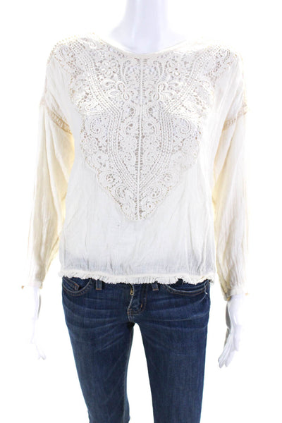 Masscob Womens Floral Open Lace Round Neck Long Sleeved Blouse Cream Size S