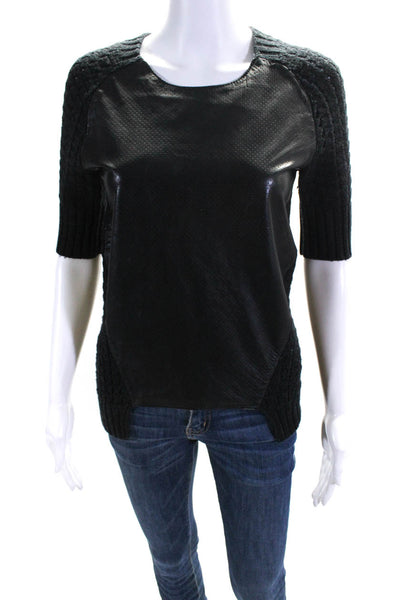 Svee Womens Wool Leather Paneled Half Sleeved Round Neck Knit Top Black Size XS