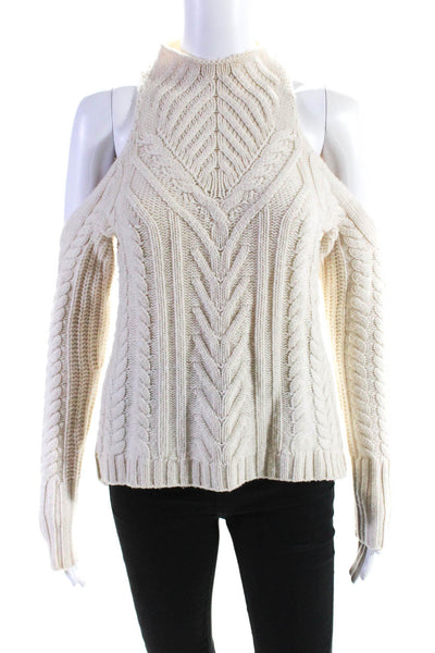 Intermix Womens Wool Cable Knit Mock Neck Cold Shoulder Sweater Ivory Size P