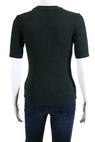 Vince Womens Slim Fit Tight Knit Round Neck Half Sleeved Blouse Green Size XXS