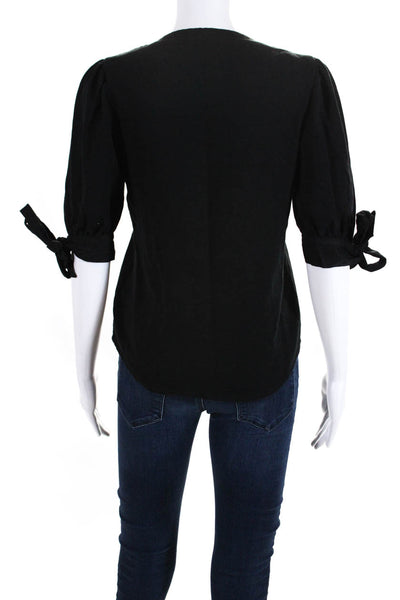 Sundays Women's Cotton V Neck Puff Sleeve Knit Top Black Size 0