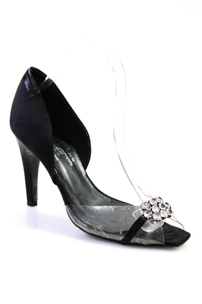 Pedro Garcia Women's Satin Open Toe Embellished High Heel Pumps Black Size 37.5