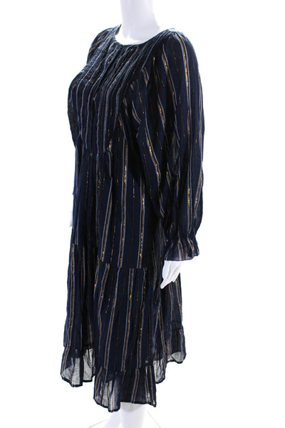 A Piece Apart Women's Striped Hook & Eye Puff Sleeve Midi Dress Blue Size 4