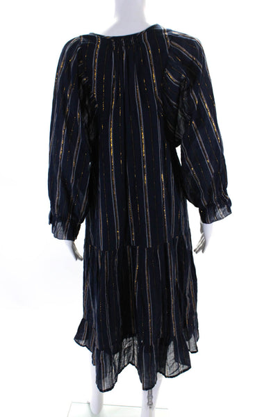 A Piece Apart Women's Striped Hook & Eye Puff Sleeve Midi Dress Blue Size 4