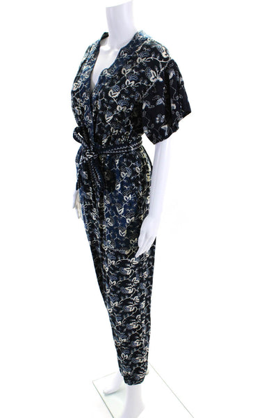 Ulla Johnson Women's Short Sleeve Floral V Neck Belted Jumpsuit Blue Size 4
