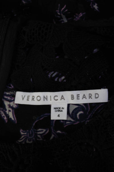 Veronica Beard Womens Silk Floral Print Crochet Blouse Black Blue Size 4
