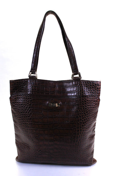 Cole Haan Womens Croc Embossed Leather Tote Shoulder Bag Handbag Brown