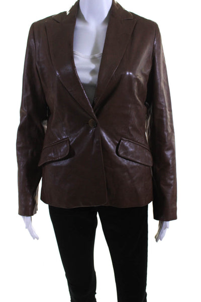 Cole Haan Womens Peak Lapel One Button Leather Blazer Jacket Brown Size 4