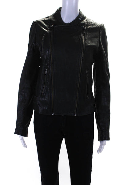 Maje Womens Leather Double Zipper Round Neck Long Sleeve Jacket Black Size 40