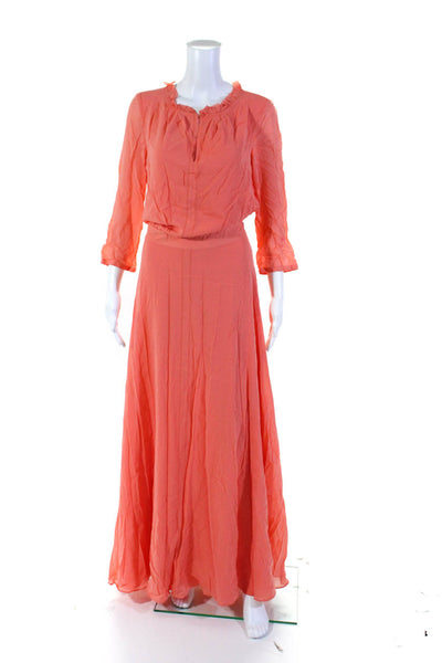 Tory Burch Womens Silk Buttoned Front Slit Long Sleeve Maxi Dress Pink Size 6